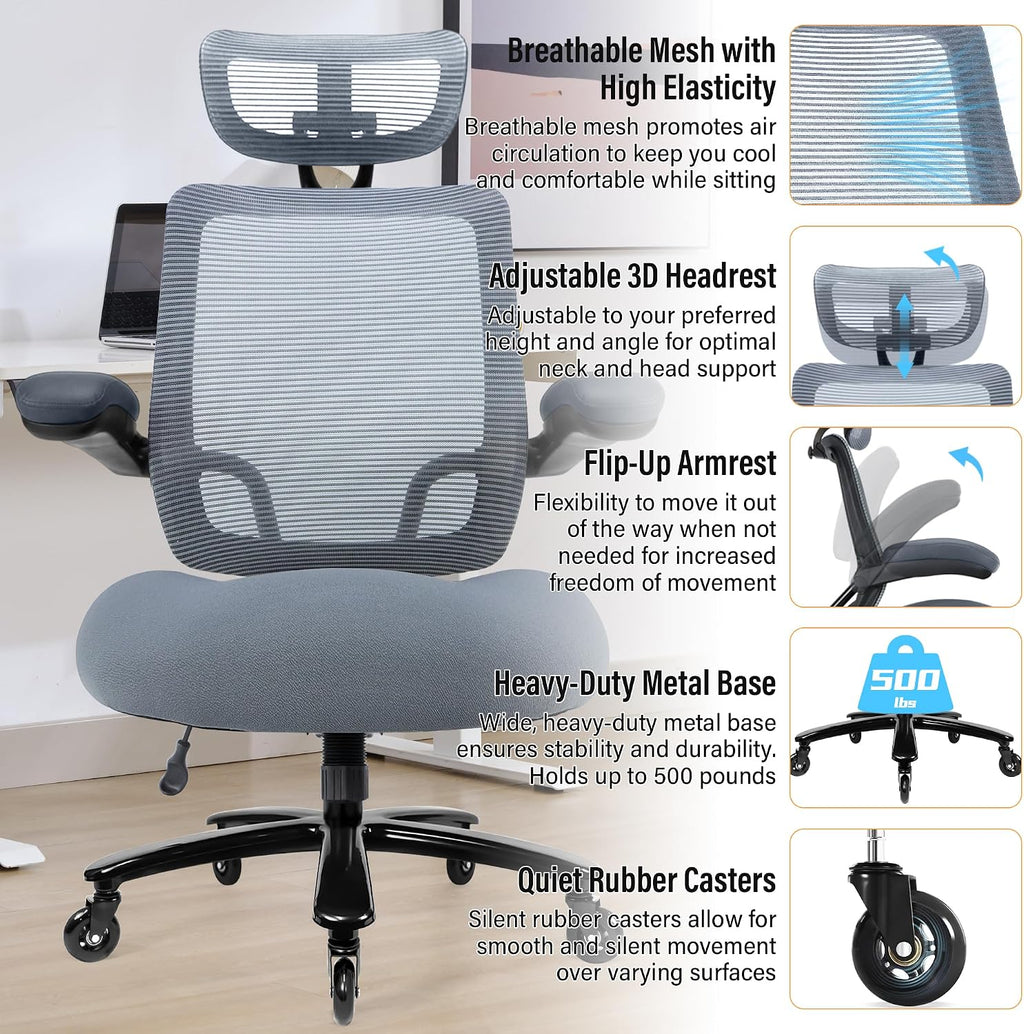 500lbs Big and Tall Office Chair - Heavy Duty Mesh Ergonomic Desk Chair with Headrest, High Back Computer Chair - Flip-up Armrests, Wide Thick Seat Cushion, Quiet Wheels, Grey