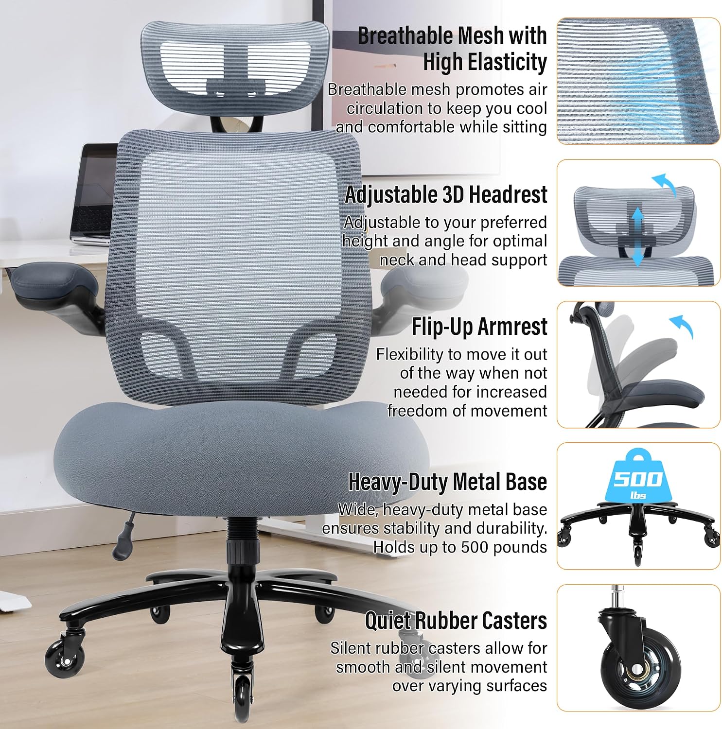 500lbs Big and Tall Office Chair - Heavy Duty Mesh Ergonomic Desk Chair with Headrest, High Back Computer Chair - Flip-up Armrests, Wide Thick Seat Cushion, Quiet Wheels, Grey