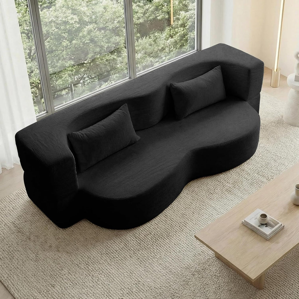 2-in-1 Convertible Sofa,78 Inch Folding Sofa Bed Pull Out Sofa with 2 Pilow Lazy Sofa, Teddy Loveseat Sleeper Floor Sofa for Apartment Children's Room Bedroom Living Room (Teddy, Black)