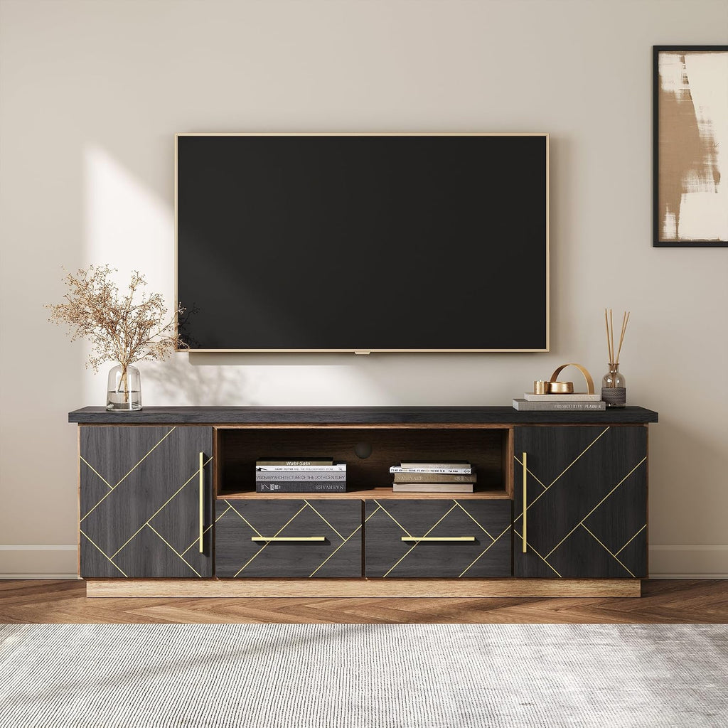 BELLEZE 70 Inch Modern TV Stand with Gold Trim, Elegant Entertainment Center with Storage, Media Console Table with Drawers & Open Shelves for Living Room (Espresso Black)