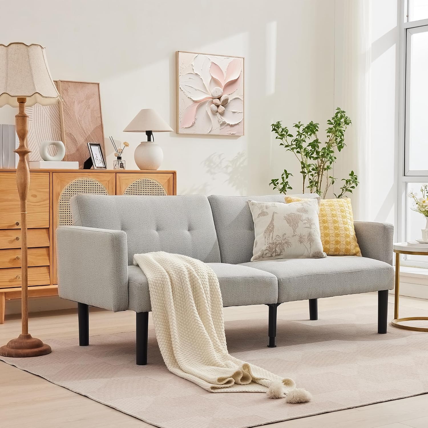 Garvee 75.5' Convertible Futon Sofa Bed, Linen Upholstered Futon Couch with Strong Legs, Mid Century Modern Sleeper Sofa, Comfy Loveseat for Living Room, Bedroom, Dorm, Grey