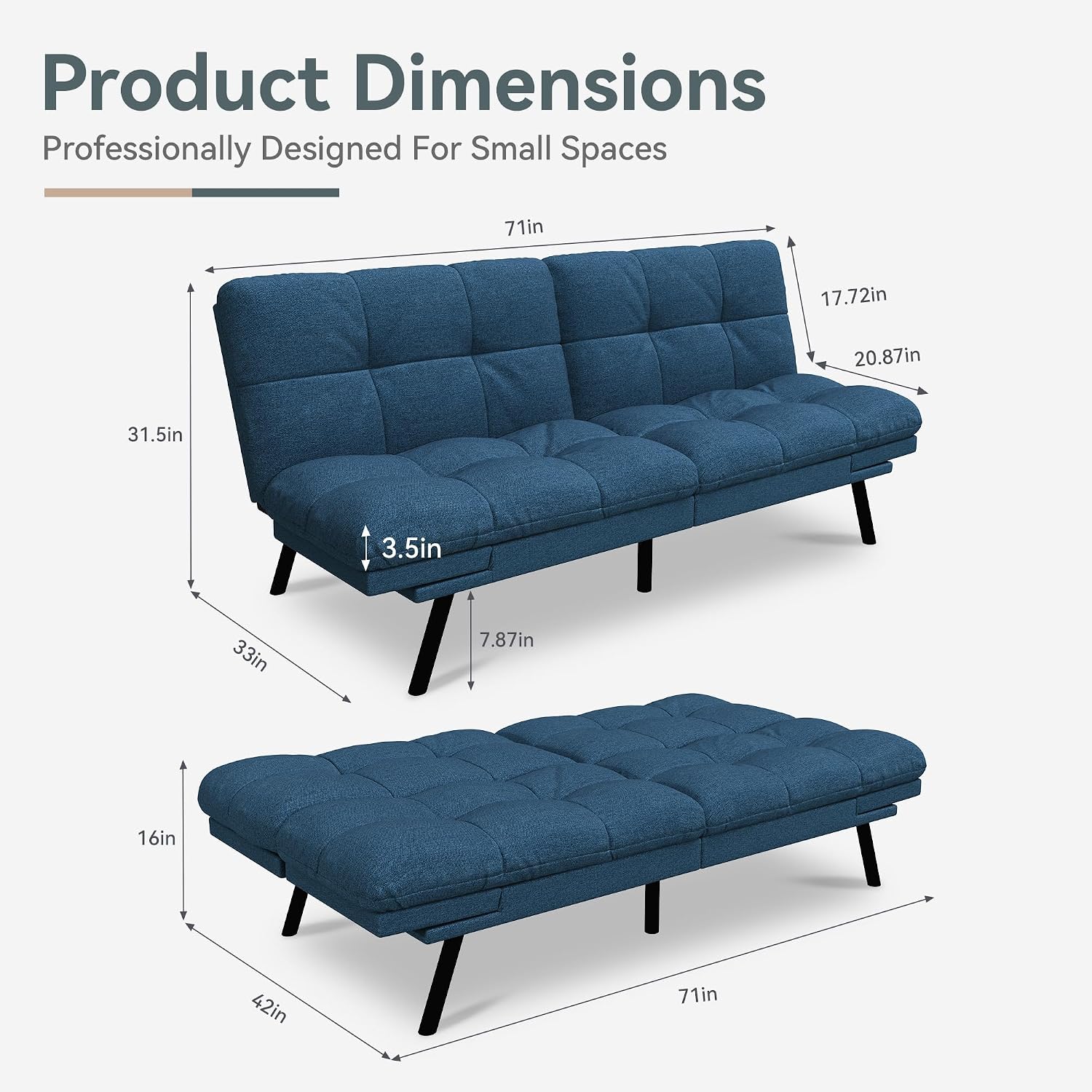 Futon Sofa Bed Convertible Couch, Blue Linen Sofa Bed with Memory Foam, Adjustable Backrest & Armrests, Multifunctional Small Loveseat Sleeper Sofa for Living Room, Apartment, Office
