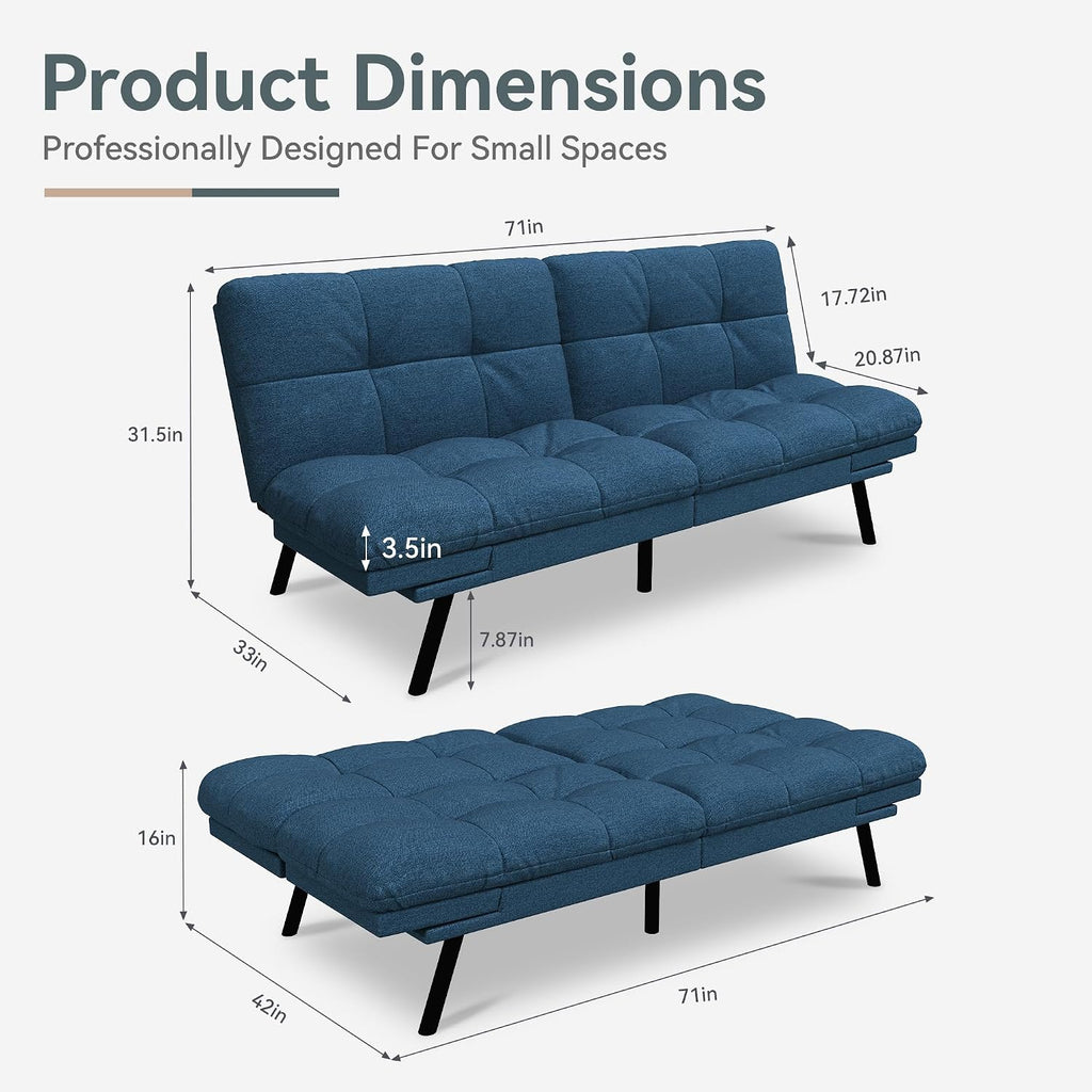 Vyfipt Convertible Futon Sofa Bed, Blue Linen Futon Couch with Adjustable Backrest & Armrests, Folding Small Recliner Sleeper Sofa Bed for Living Room, Apartment, Office