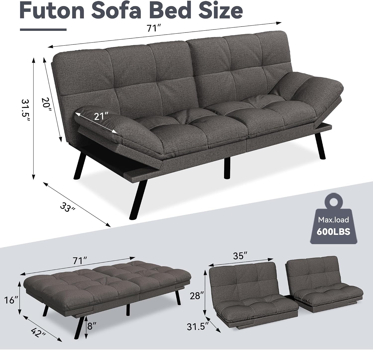 Convertible Futon Sofa Bed,Linen Futon Couch with Detachable Cushion,Adjustable Backrest & Armrest,Modern Small Loveseat Sleeper Recliner for Living Room,Office,Apartment,Dark Grey