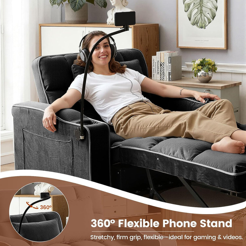 Convertible Sleeper Chair Bed, Pull Out Chair Sleeper with Bracket and Cup Holder, Chairs Bed Sleepers for Adults, 3 in 1 Sofa Bed Chairs for Small Spaces, Living Room, Black