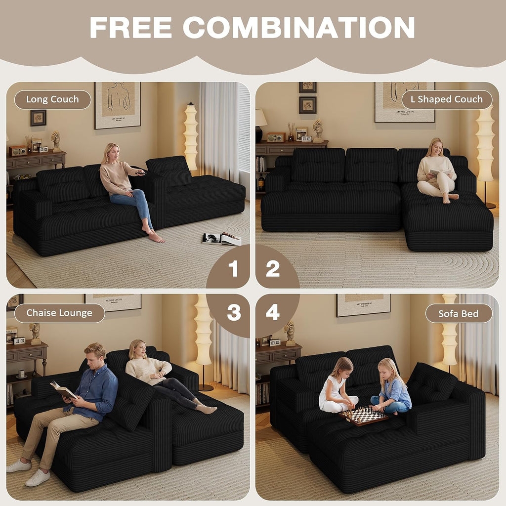 Boneless Couch, 2026 New Boneless Sectional Couch with Deep Seat & Chaise for Small Spaces, Upholstered Cloud Couch Sectional Boneless Couches for Living Room, No Assembly, Right Facing Chaise, Black