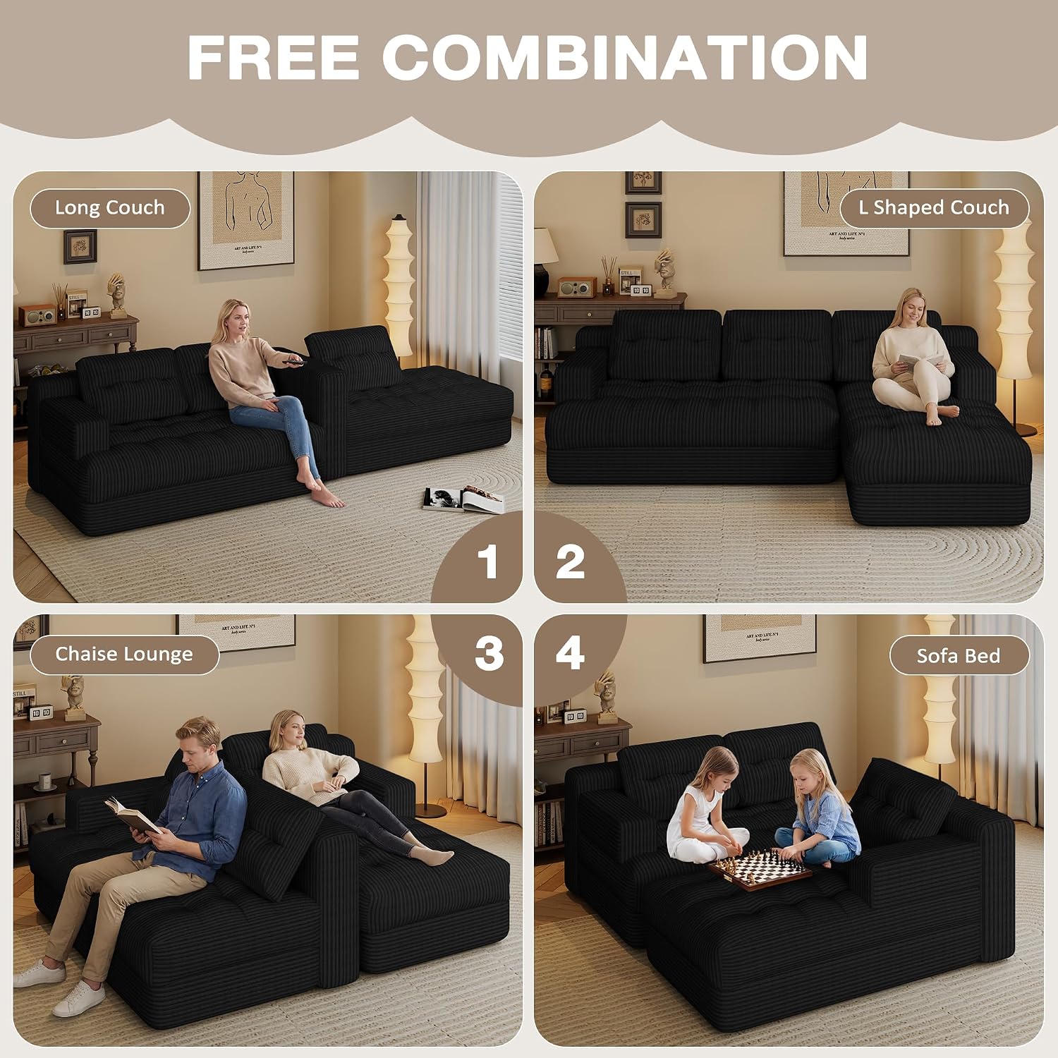 Boneless Couch, 2026 New Boneless Sectional Couch with Deep Seat & Chaise for Small Spaces, Upholstered Cloud Couch Sectional Boneless Couches for Living Room, No Assembly, Right Facing Chaise, Black