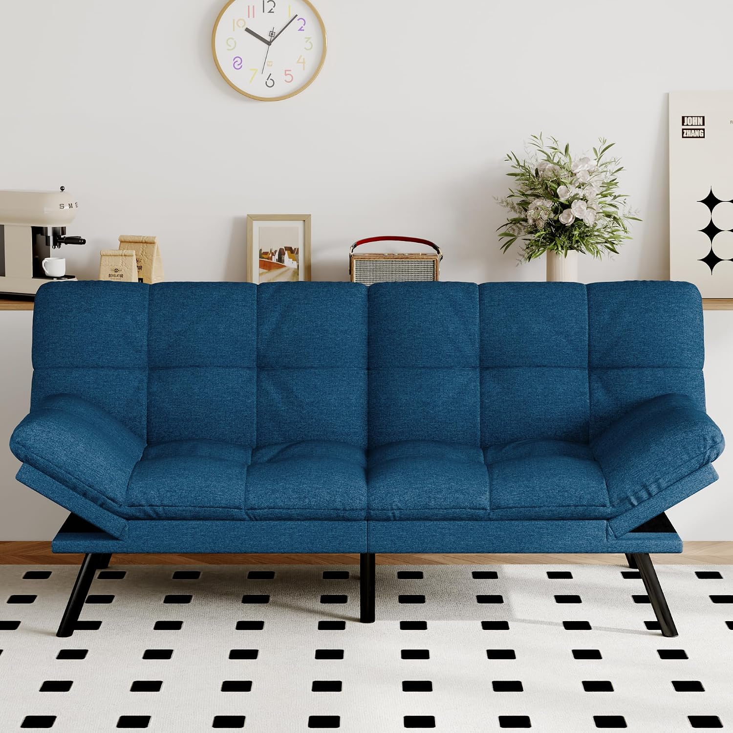 Futon Sofa Bed Convertible Couch, Blue Linen Sofa Bed with Memory Foam, Adjustable Backrest & Armrests, Multifunctional Small Loveseat Sleeper Sofa for Living Room, Apartment, Office