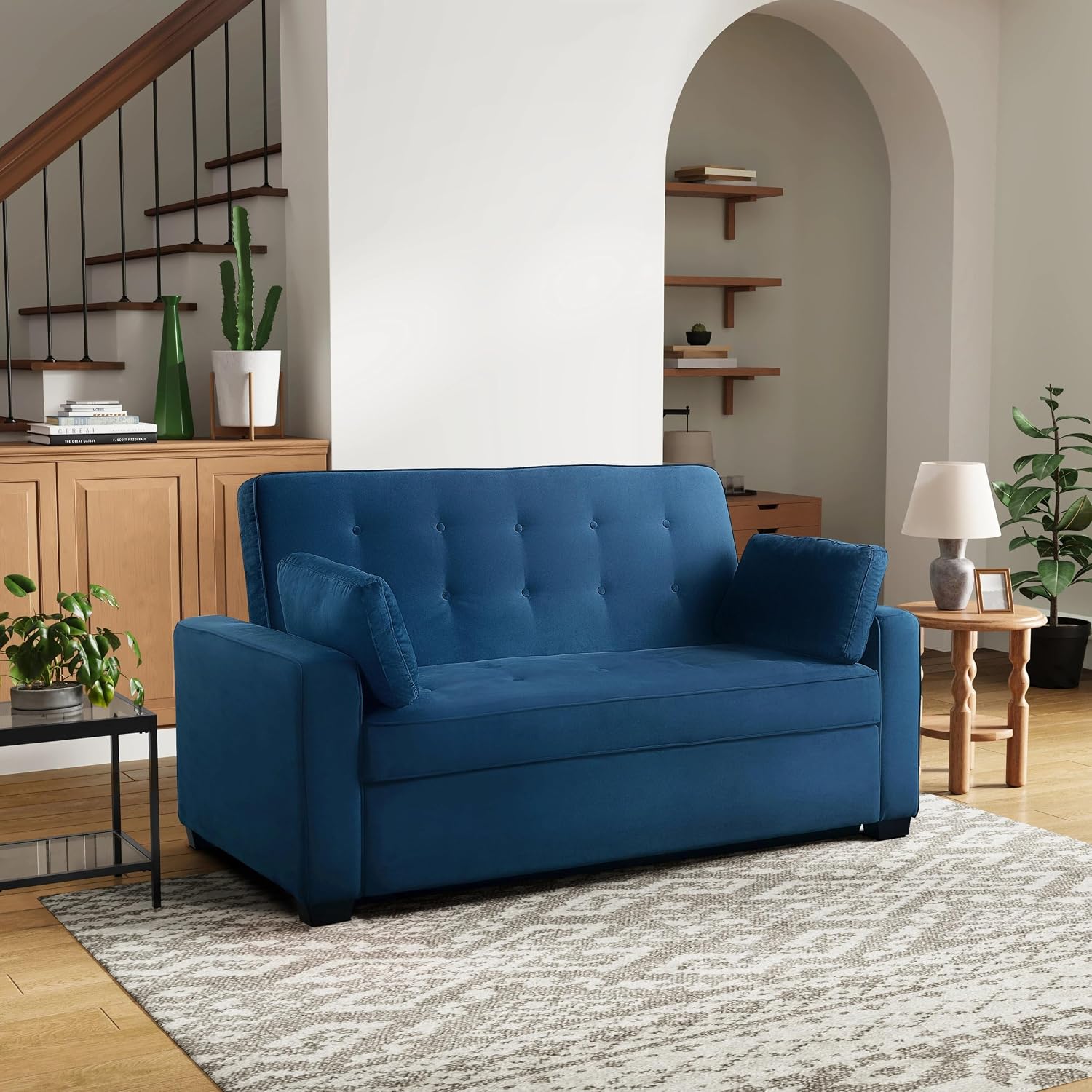 Serta Ainsley 66.5' Convertible Sleeper Loveseat, Full Size, Dreamcoil Comfort, Soft Velvet Fabric, Navy