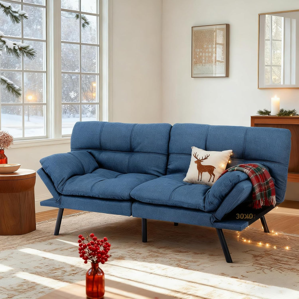 MUUEGM Futon Sofa Bed 71' Convertible Memory Foam Royal Blue Futon Couch Bed Modern Loveseat Sleeper with Adjustable Backrests Armrests for Living Room,Small Space,Office