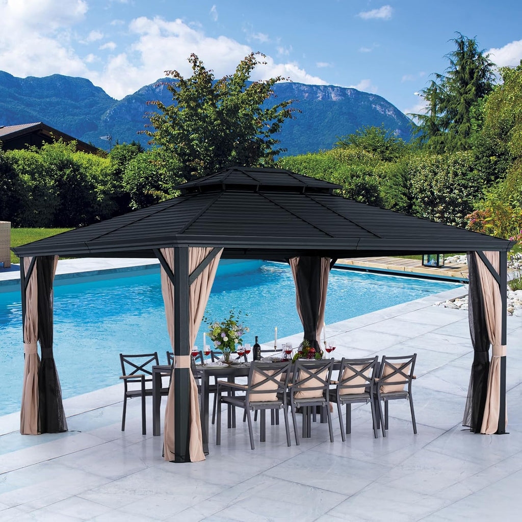 LeDoasis Nova 12' X 14' Hardtop Gazebo with Curtains and Netting, Permanent Aluminum Metal Canopy with Galvanized Steel Double Roof, for Patio Lawn and Garden