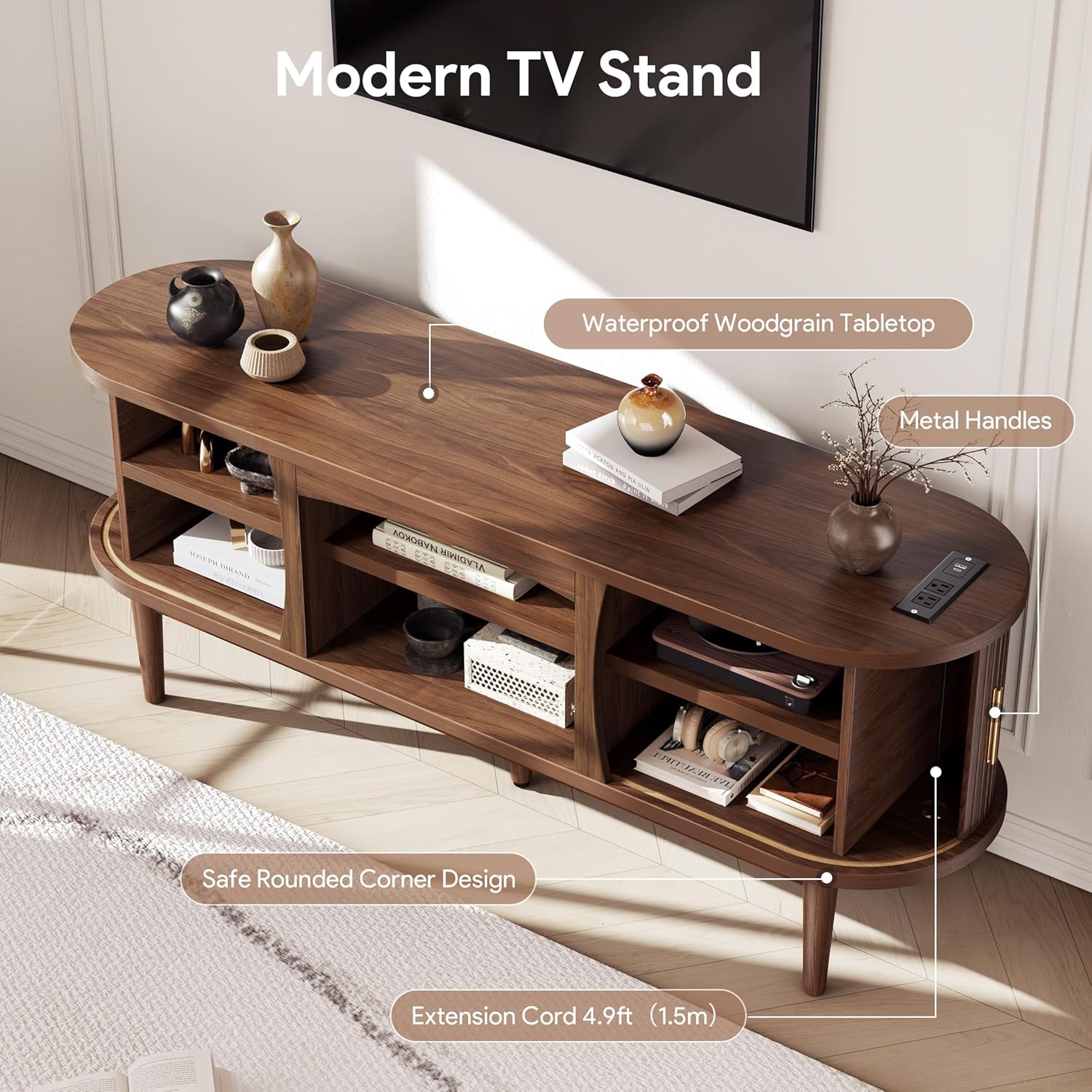 Decofy Mid Century TV Stand for TVs up to 65 Inches, Entertainment Center with Storage, Power Outlet, Fluted Sliding Doors & Adjustable Shelves, Modern Media TV Console Table for Living Room (Walnut)