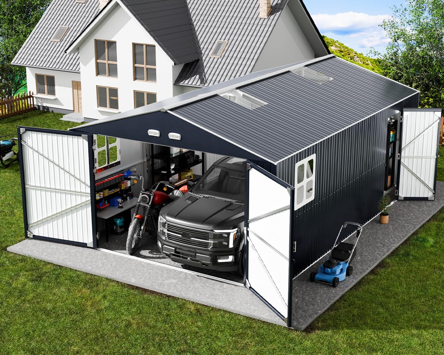 K Knowbody 13x20x8.3 FT Metal Garage Shed, Ultra-Heavy-Duty 18-Gauge Powder-Coated Frame, 100 PSF Snow & 150 MPH Wind Rated, Skylight Dual-Entry Large Outdoor Storage Building, Carport, Workshop