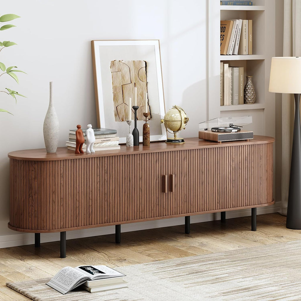 70.8' TV Stand with Power Outlet, Mid-Century Modern Television Stand, Fluted Media Console with Sliding Doors, Entertainment Center for TVs up to 60 Inch, Adjustable Shelves, Walnut