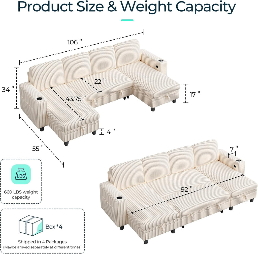 LINSY HOME Sectional Sleeper Sofa with Pull Out Couch Bed for Living Room (Beige) | Plush Corduroy, Storage Ottoman, Storage Chaise, Pull Out Couch, USB Charging
