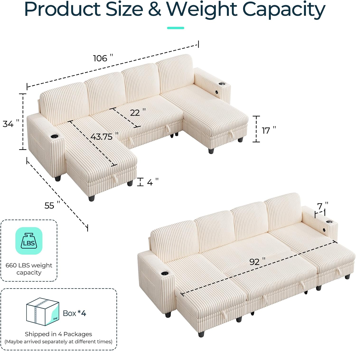 LINSY HOME Sectional Sleeper Sofa with Pull Out Couch Bed for Living Room (Beige) | Plush Corduroy, Storage Ottoman, Storage Chaise, Pull Out Couch, USB Charging