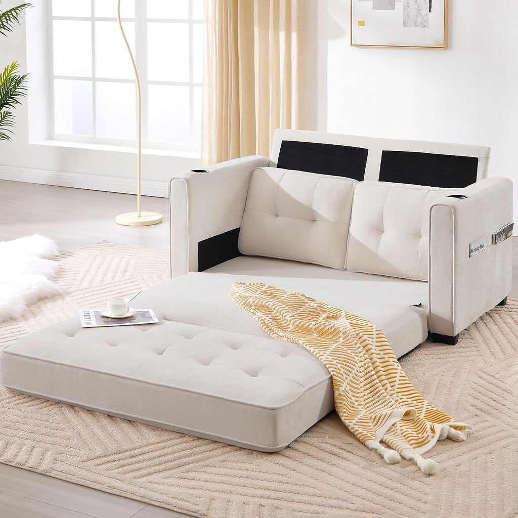 Convertible Sofa Bed, Pull Out Loveseat Sleeper Couch,Linen Fabric 2 in 1 Folding Couch Bed, Fold Out Floor Futon Couches with Cup Holder for Living Room, Bedroom,Small Space, Beige
