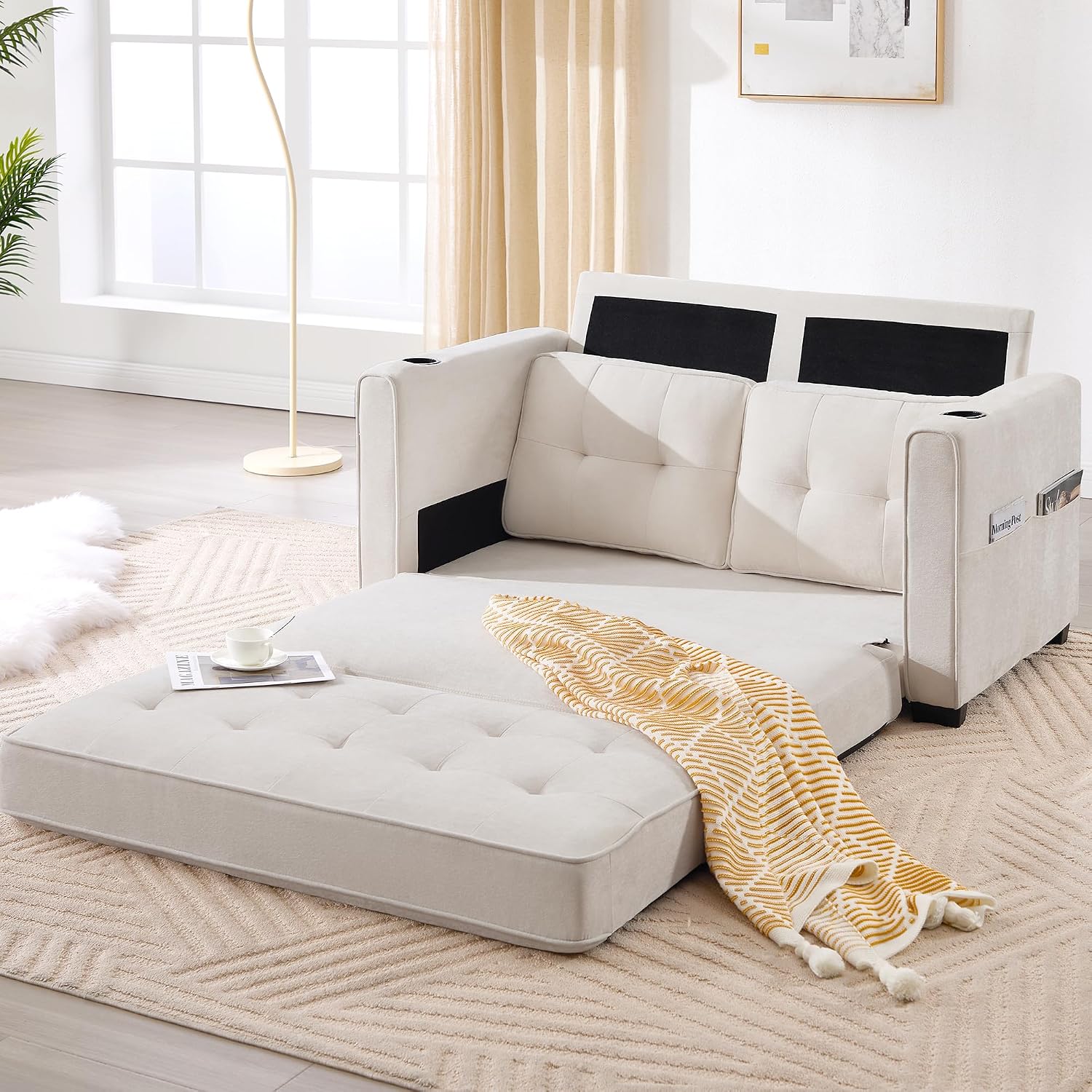 Convertible Sofa Bed, Pull Out Loveseat Sleeper Couch,Linen Fabric 2 in 1 Folding Couch Bed, Fold Out Floor Futon Couches with Cup Holder for Living Room, Bedroom,Small Space, Beige
