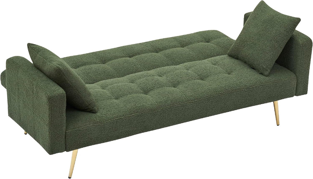 KEIKI 72' Folding Futon Sofa Couch w/Adjustable Backrest, Mid Century Modern Loveseat Convertible to Sleeper Bed, Small Comfy Teddy Cloud Couch SofaBed for Living Room & Bedroom, 2 Pillows, Green