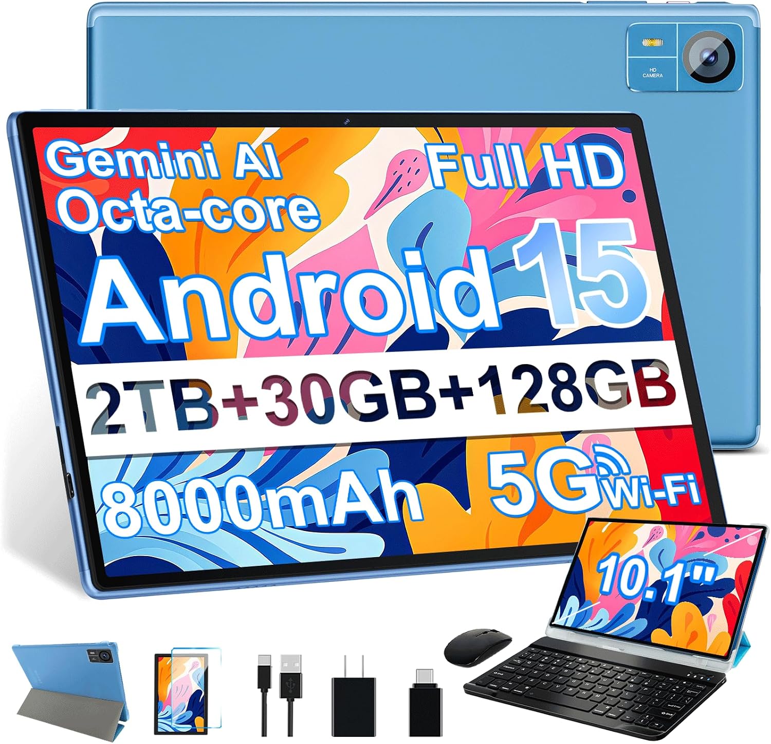 Android 15 Tablet 30GB RAM 128GB ROM 2TB Expand, 10.1 Inch Tablets with Keyboard Mouse, Octa-Core, 8000mAh, HD IPS Display, 5G WiFi BT 5.0 GPS, Widevine L1, Gemini AI, Dual Camera - Blue