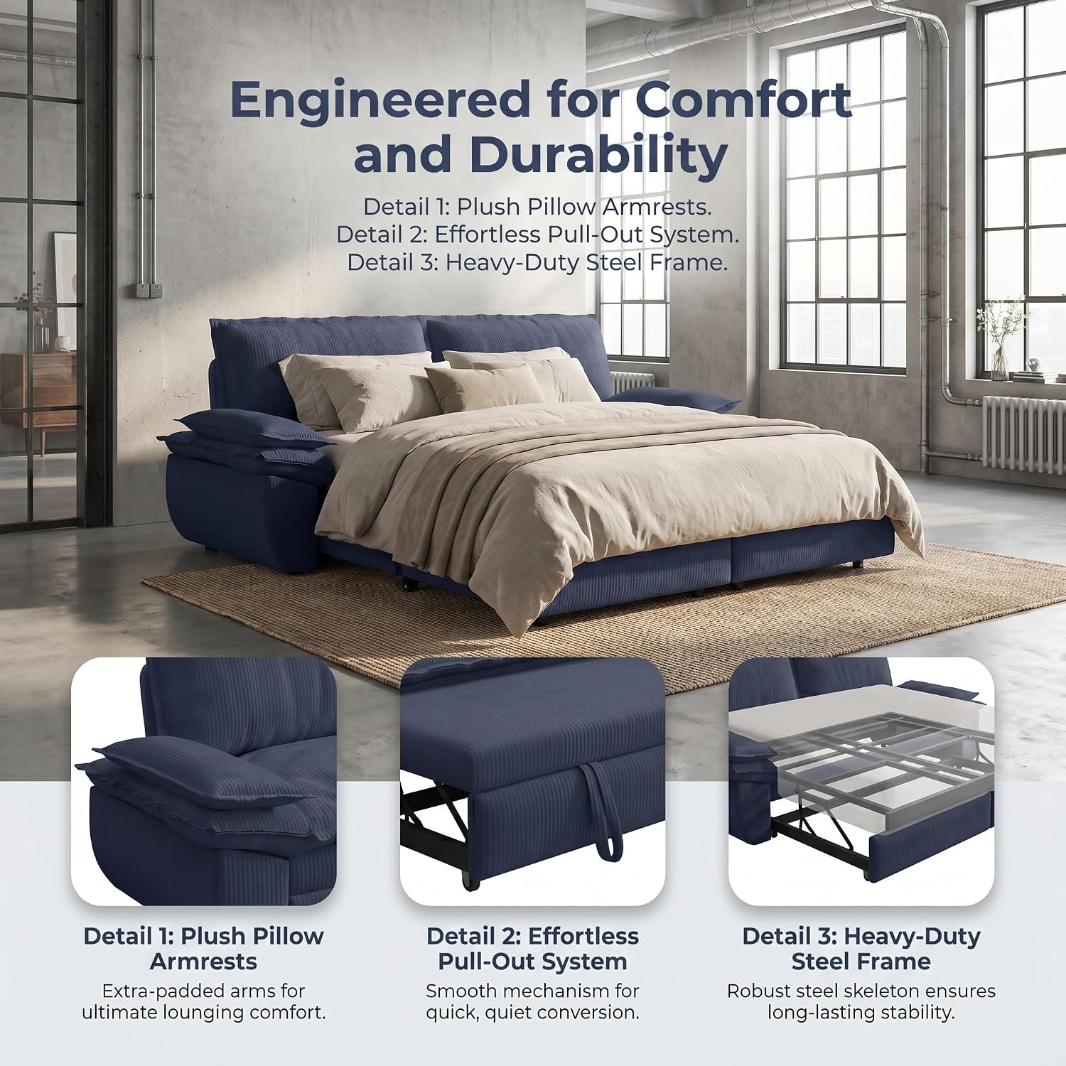 73.2' Sofa Bed Queen, 3-in-1 Pull Out Sofa Bed with Pillow Armrest, Modern Corduroy Convertible Sleeper Futon Sofa for Living Room Small Space, Apartment, Bedroom, Blue