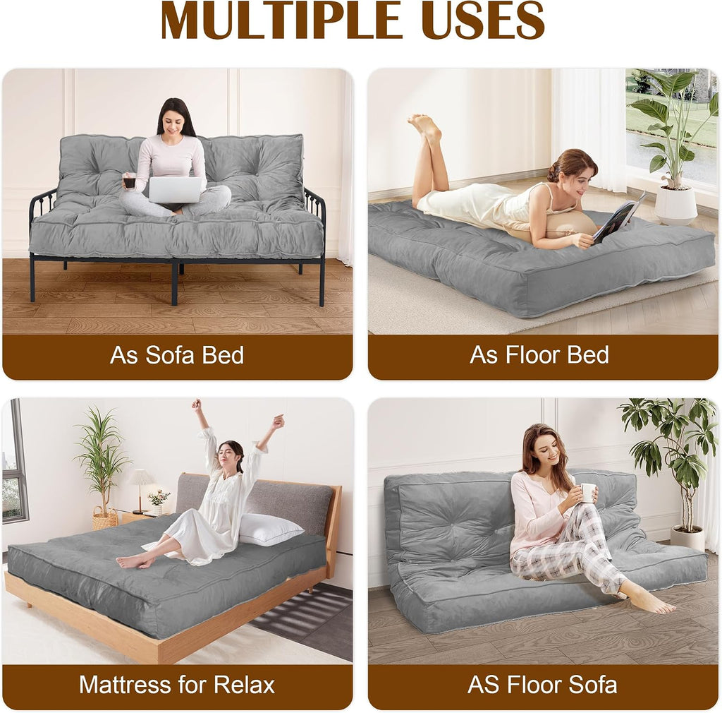 Futon Mattress Full Size 54' x 80', 8' Thick Floor Mattress for Adults, Foldable Sofa Couch Bed with Shredded Foam Filling, Comfy Sleeping Mat for Guest, Camping, Dorm, Light Gray(Frame Not Included)