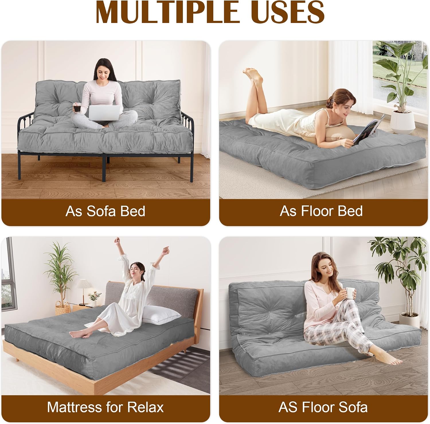 Futon Mattress Full Size 54' x 80', 8' Thick Floor Mattress for Adults, Foldable Sofa Couch Bed with Shredded Foam Filling, Comfy Sleeping Mat for Guest, Camping, Dorm, Light Gray(Frame Not Included)