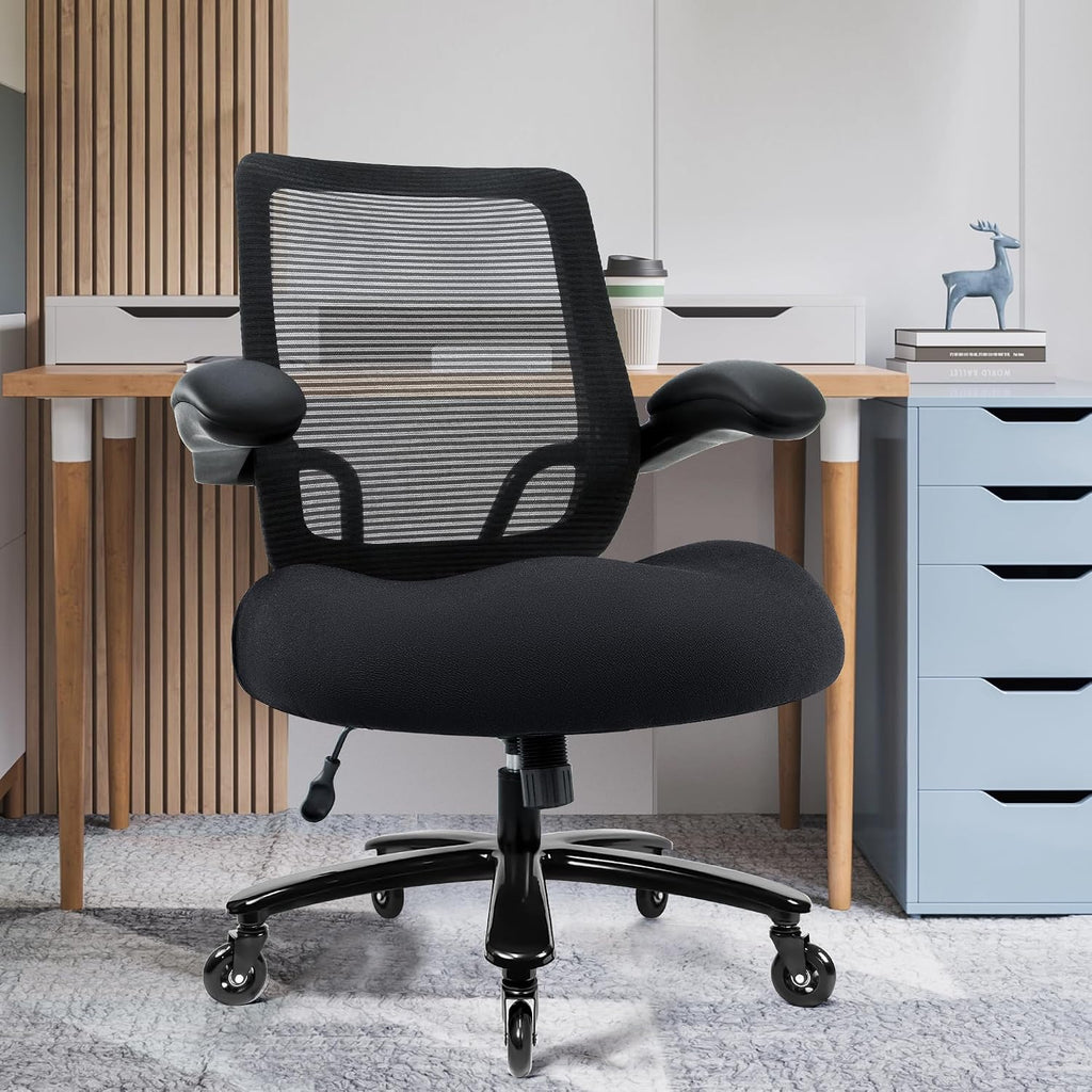 Kassipo 500LBS Big and Tall Office Chair with Flip-Up Armrests, Heavy Duty Office Chair for Heavy People, Memory Foam Seat Filling Springs, Black