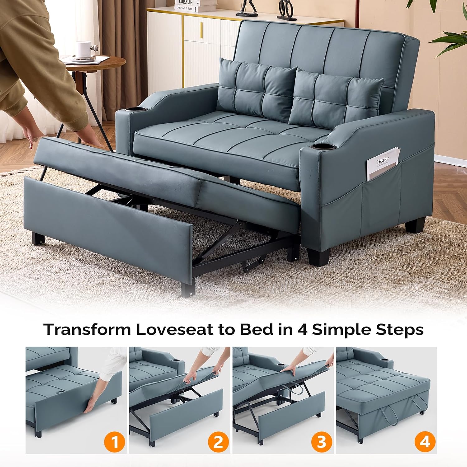 VINGLI Futon Sofa Bed Convertible Loveseat Sleeper Couch, Blue Grey Faux Leather Pull Out Couch Bed with USB Ports, Cup Holders, Armrest for Living Room, Bedroom Apartment Room