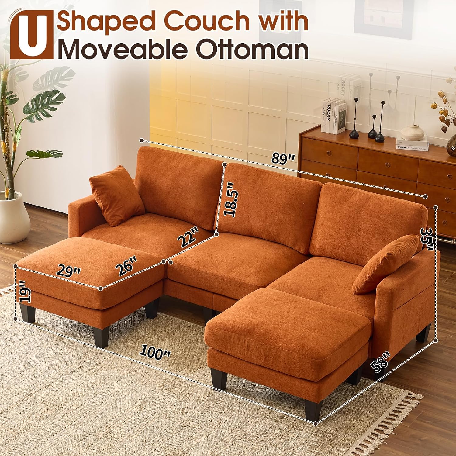 VINGLI 100' W U Shaped Couch with Ottoman, 22' Deep Seat Comfortable Sectional Couches for Living Room, 3 Seater Chenille Fabric Cloud Sofa for Apartment, Small Spaces, Bedroom, Orange