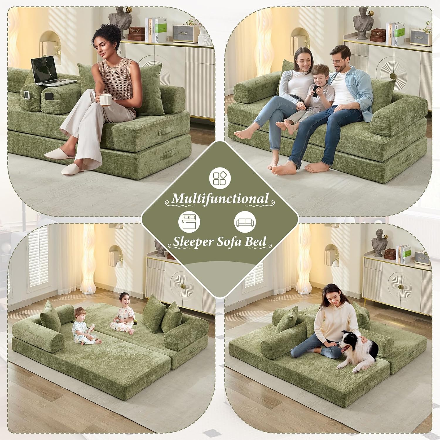 Futon Sofa Bed, Modular Convertible Folding 3 Seater Chenille Foam Floor Loveseat Sleeper Sofa Couch with 3 Pillows, No Assembly Compressed Boneless Couch, for Living Room Bedroom Guest Room, Green