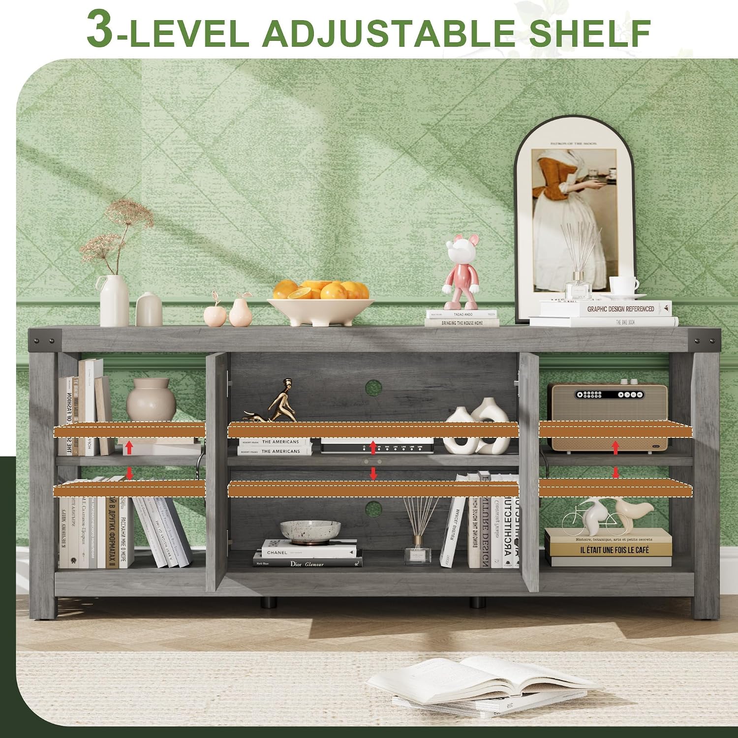 Garvee TV Stand for 65'' TV, Farmhouse Entertainment Center with Storage, 60'' TV Console Table with Shelves, Modern Media Console Cabinet with Doors, Wooden TV Stand for Living Room, Bedroom, Grey