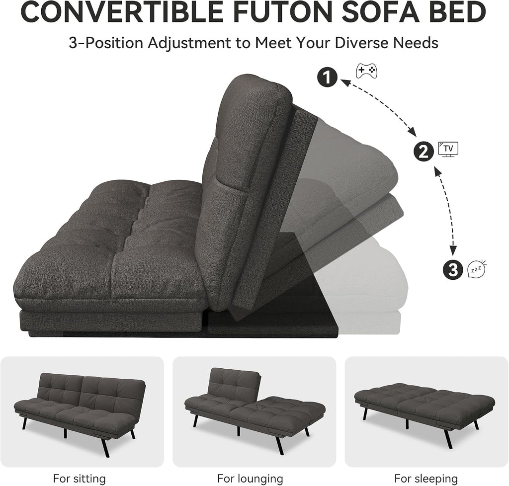 Vipbear 71' Convertible Futon Sofa Bed,Grey Linen Fabric Futon Couch with Detachable Cushion,Adjustable Backrest & Armrest,Modern Loveseat Sleeper Recliner for Living Room,Office,Apartment