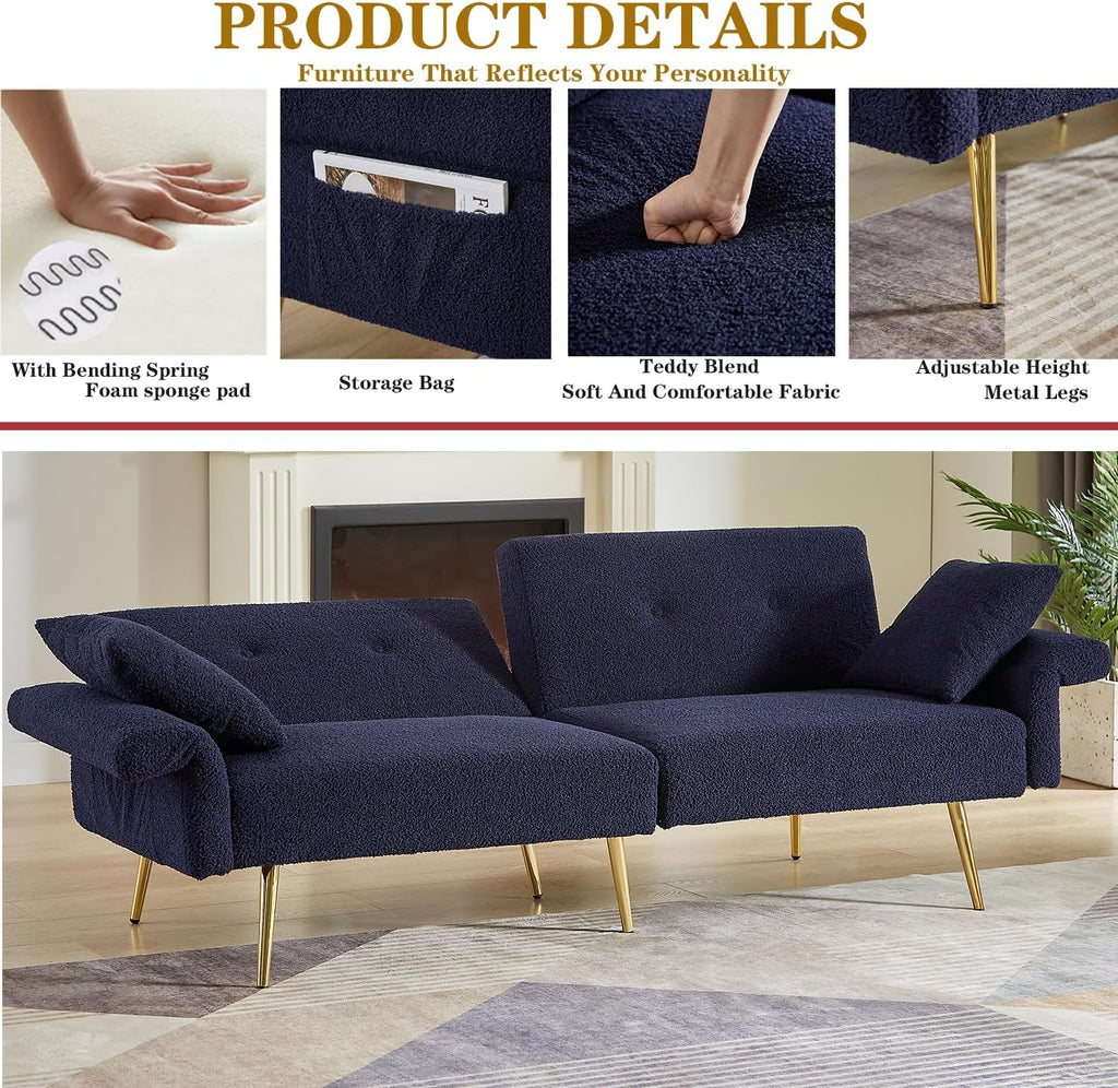 69.5' Convertible Futon Sofa Bed with Adjustable Backrest and Armrests, Teddy Upholstered Loveseat Sleeper Couch with 2 Pillows and Metal Legs Love Seat for Guest Room Living Room (Dark Blue)