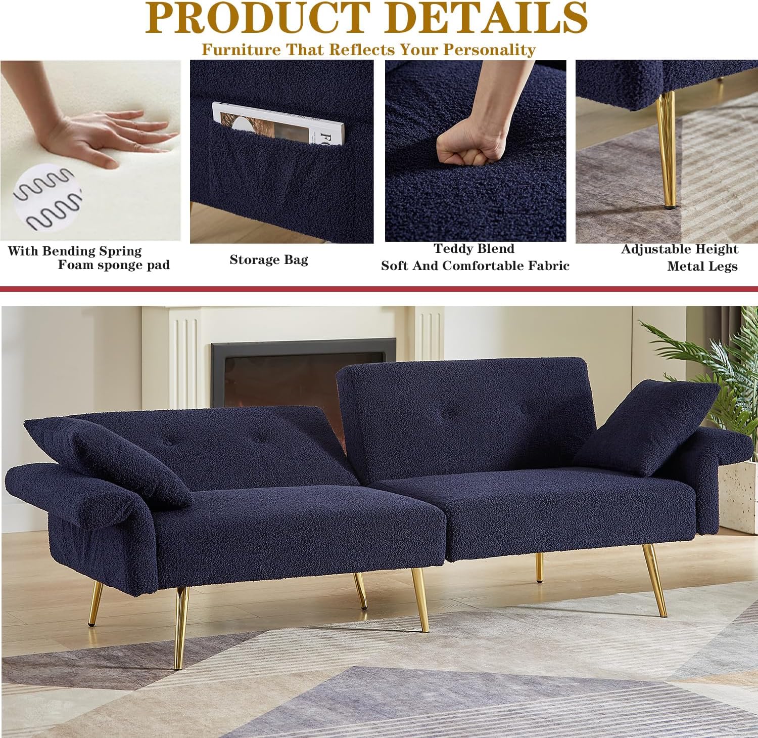 69.5' Convertible Futon Sofa Bed with Adjustable Backrest and Armrests, Teddy Upholstered Loveseat Sleeper Couch with 2 Pillows and Metal Legs Love Seat for Guest Room Living Room (Dark Blue)