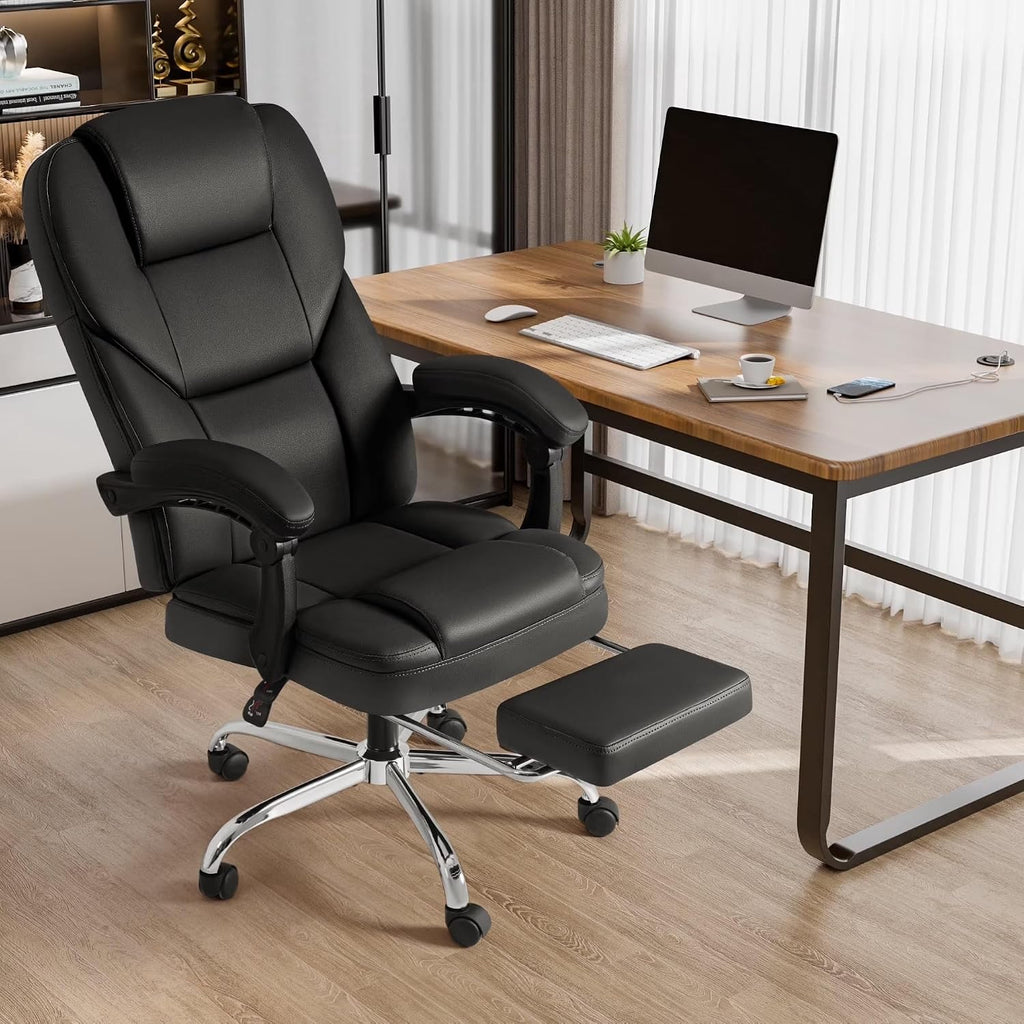 Shahoo Executive Office Chair with Massage, Ergonomic Reclining High Back Leather Seats with Footrest and Lumbar Support, Big and Tall, 400Lbs Heavy Duty, Dark Black