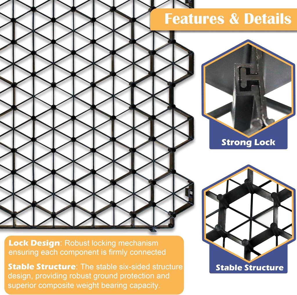 12 Units Permeable Pavers Gravel, Grass& Gravel Driveway System, Interlocked Pavers Gravel Grid Black PE Shed Base 1.6' Depth, 32 Sq Ft (12)