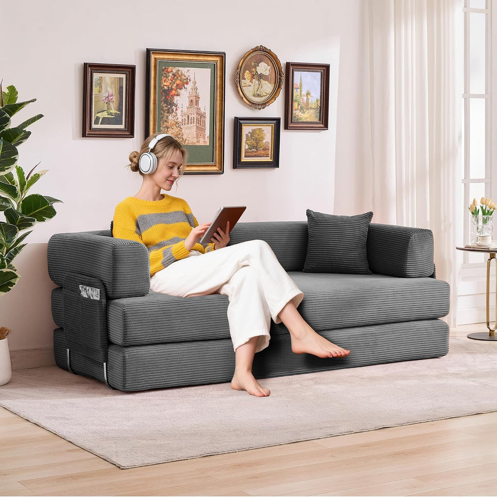 Garvee 5-in-1 Convertible Sofa Bed, 78.8' Modular Corduroy Sleeper with Sturdy Frame & No Assembly, Multi-Functional Futon for Small Space, Living Room & Guest Room (Gray)