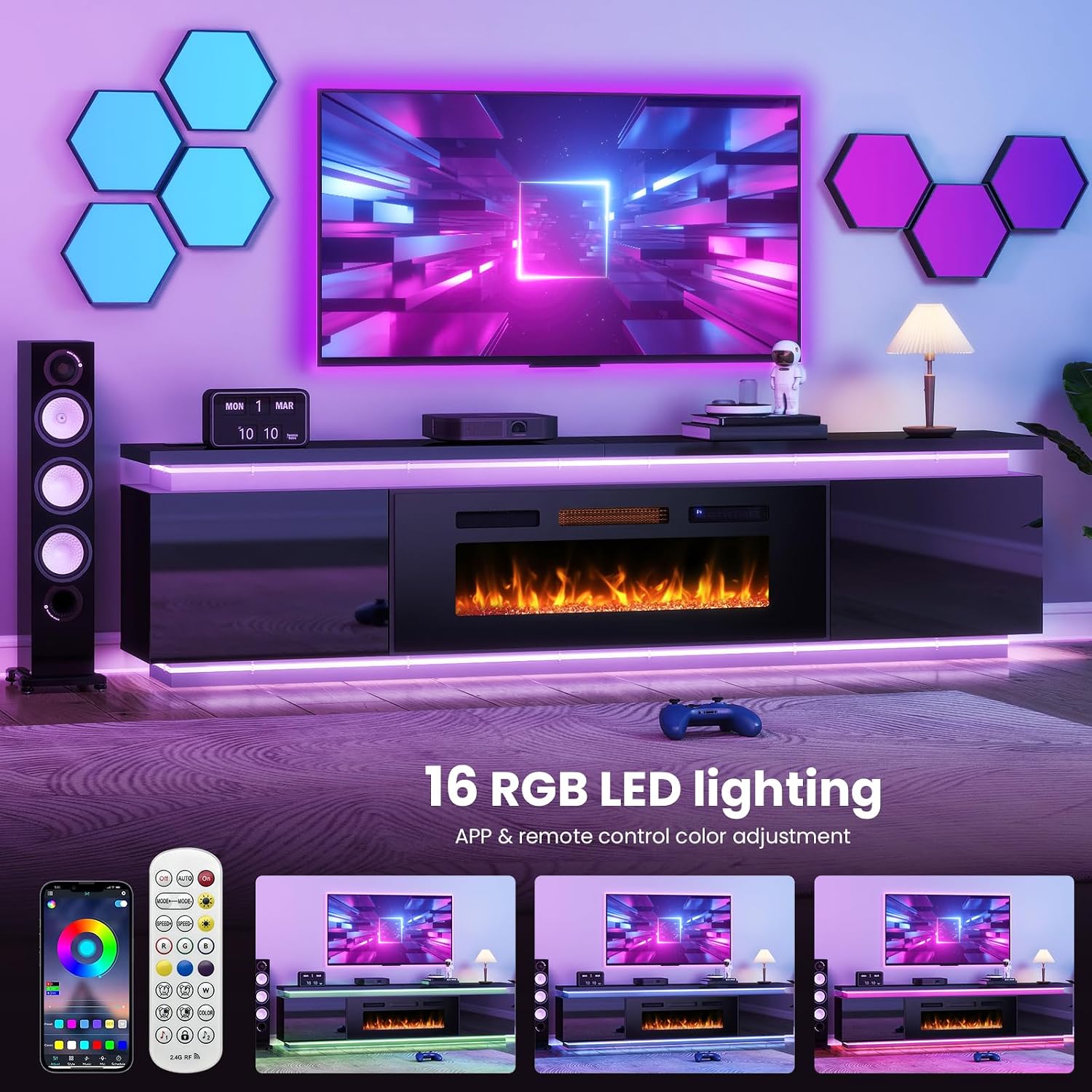 Lamtor Fireplace TV-Stand with 40' Fireplace - 2 LED Light TV-Stand for 90 95 inch TVs - Entertainment Center with 4 AC Power Outlets - 2 Tier TV Consoles Stand for Living Room, Black