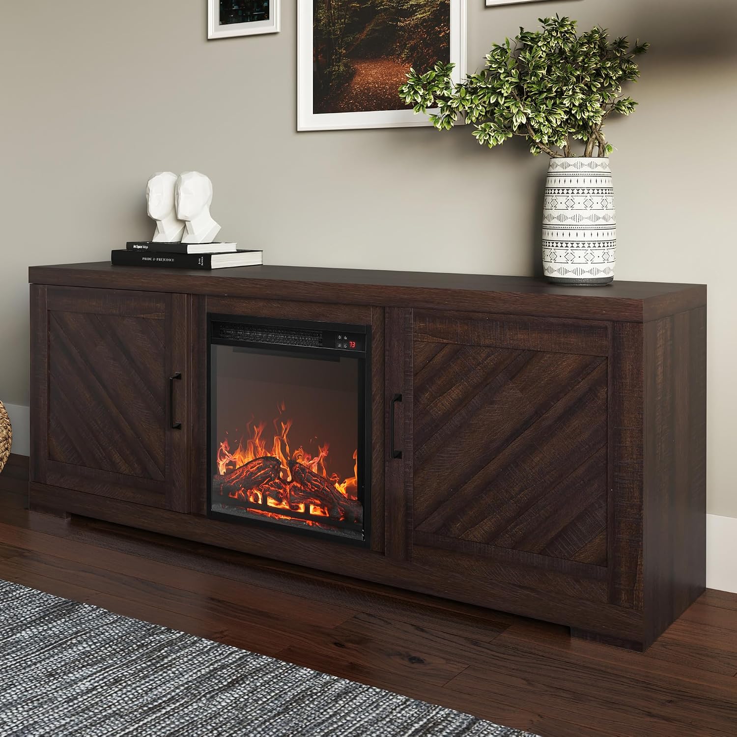 BELLEZE Modern 58' Farmhouse TV Stand with 18' Electric Fireplace Heater & Media Entertainment Center for TV up to 65', Console Table with Storage Cabinets - Hilo (Espresso)