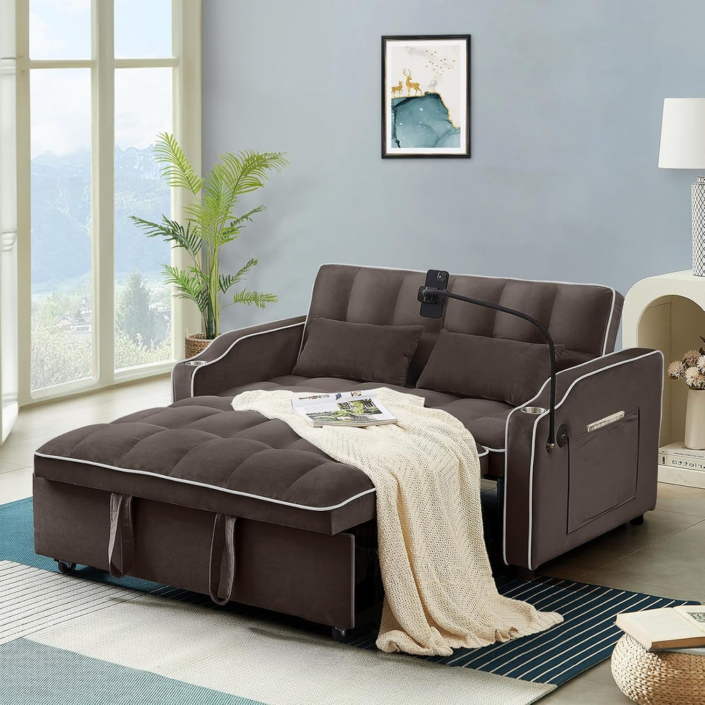 Antetek Sleeper Sofa Couch Bed with USB & Type C Port, Modern 3-in-1 Convertible Velvet Pull Out Loveseat Futon Sofa w/Phone Holder/Cup Holder for Living Room Apartment, Adjustable Backrest, Coffee
