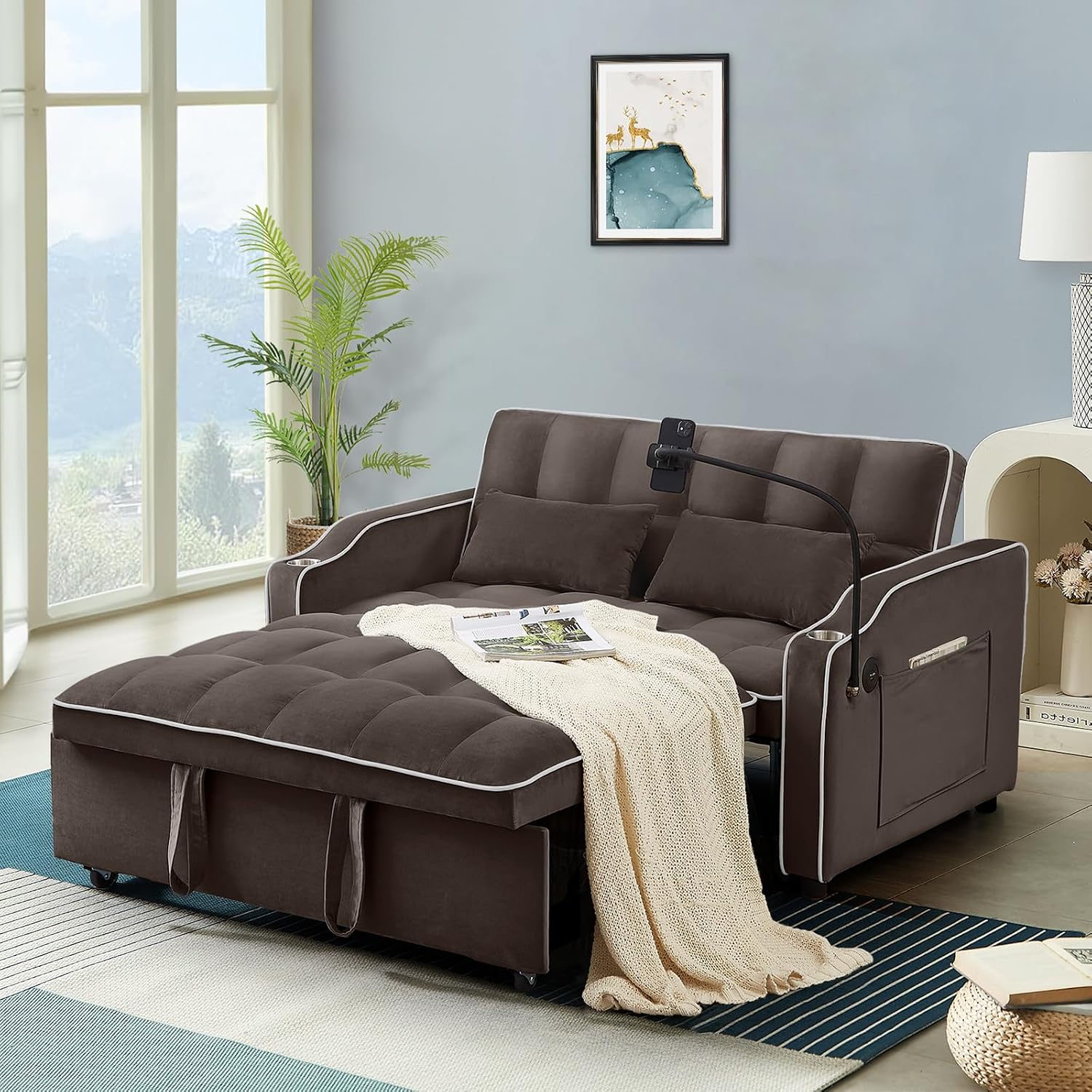 Antetek Sleeper Sofa Couch Bed with USB & Type C Port, Modern 3-in-1 Convertible Velvet Pull Out Loveseat Futon Sofa w/Phone Holder/Cup Holder for Living Room Apartment, Adjustable Backrest, Coffee