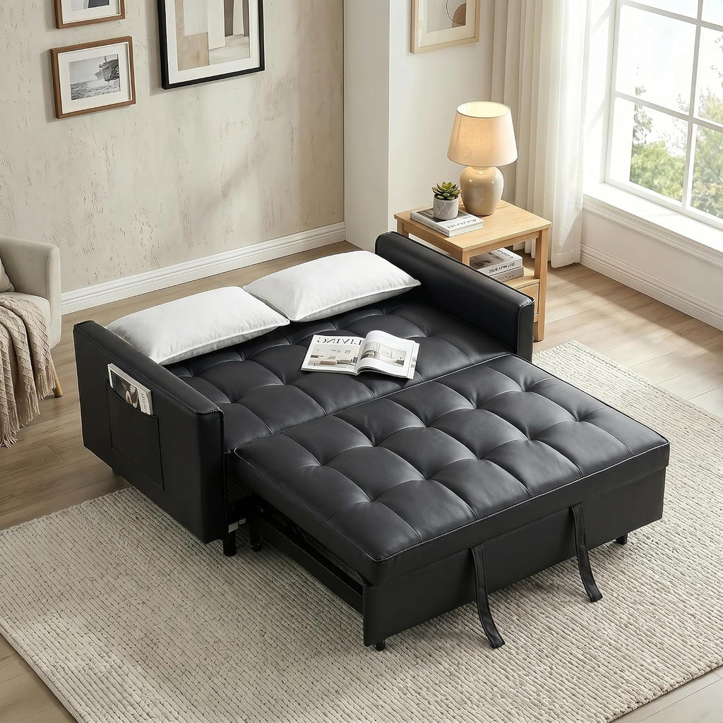 3 in 1 Convertible Sofa Bed, Loveseat Sleeper Sofa with Large Side Pockets, Pull Out Couch with Adjustable Backrest, Easy Assembly, PU Couch Bed for Small Spaces, Apartment, Black
