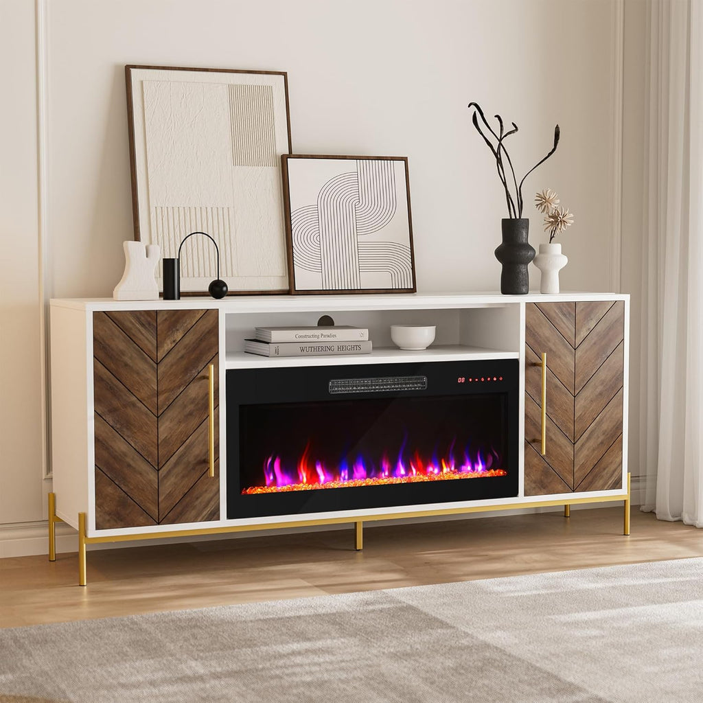 BELLEZE 68' Wood TV Stand with 36' Electric Fireplace, Entertainment Center with Storage Cabinet, Console Table for TVs up to 75 Inches, for Living Room, Bedroom - Harper (White Ebony)