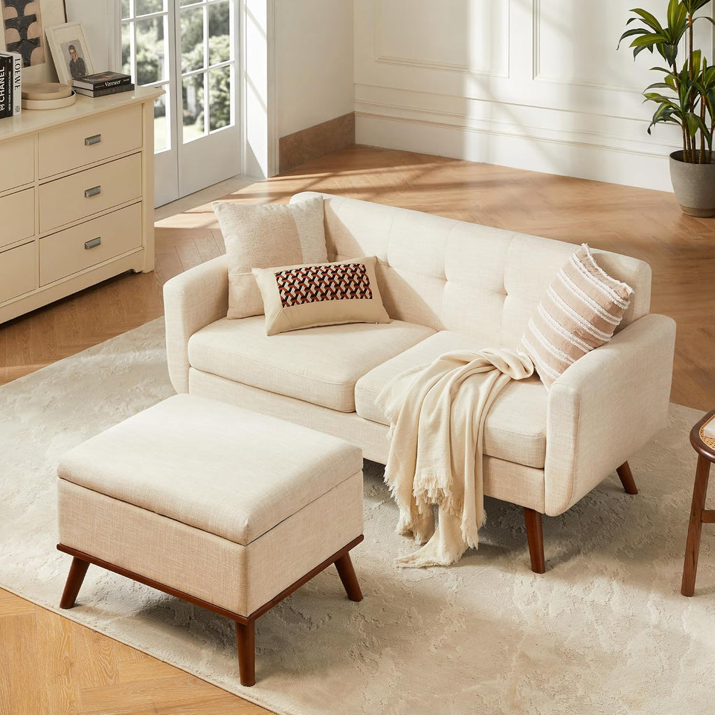 Tbfit 65' W Loveseat Sofa with Ottoman Coffee Table, Mid Century Modern Love Seat Couches for Living Room, Button Tufted Upholstered Small Couch for Bedroom,Easy to Install Love Seats Furniture, Beige