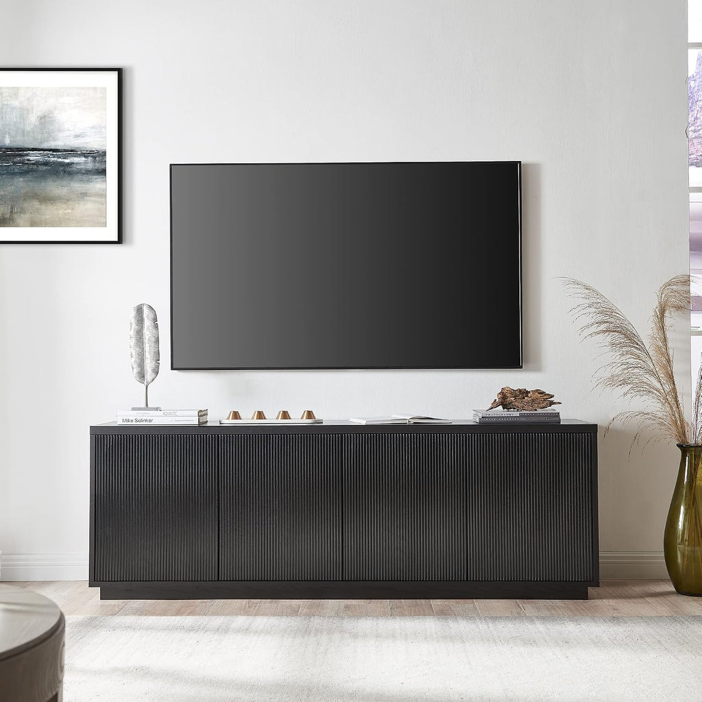 Henn&Hart Fluted TV Stand for TVs up to 75' with 2 Concealed Ribbed Storage Cabinets and Adjustable Shelves for Living Room, Family Room, or Office, Natural Black