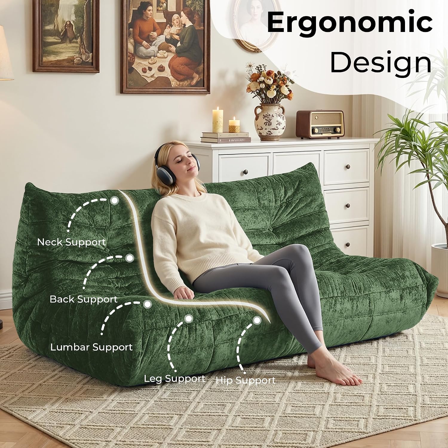 HABUTWAY Bean Bag Chair, Giant Bean Bag Chairs for Adults, 3 Seater Fireside Chair, Lazy Large Floor Bean Bag Sofa for Living Room, Bedroom, Dorm, Office (Green)