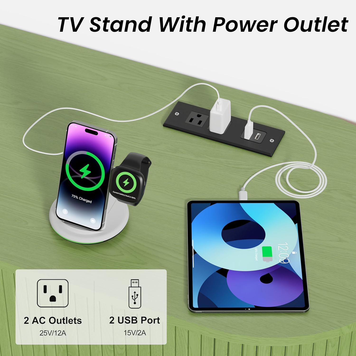 DHH 63 Inch Mid Century Modern TV Stand with Power Outlet for TVs up to 70 Inch, Entertainment Center with Storage and Adjustable Shelves, Media Console with Sliding Doors for Living Room(Green)