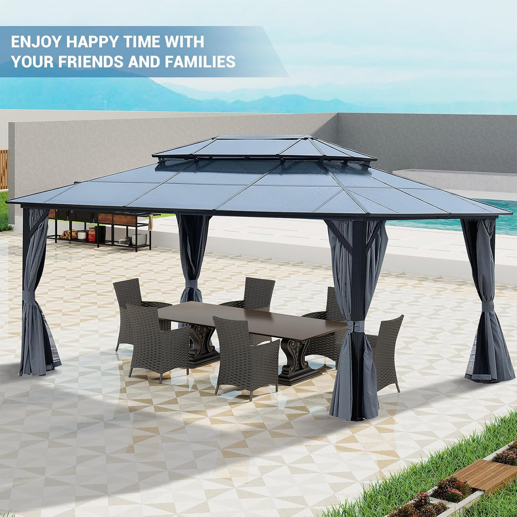 GOWE 12' x 16' Gazebo Polycarbonate Double Roof Canopy Outdoor Aluminum Frame Pergola, Permanent Pavilion with Netting and Curtains for Garden Patio Lawns Parties