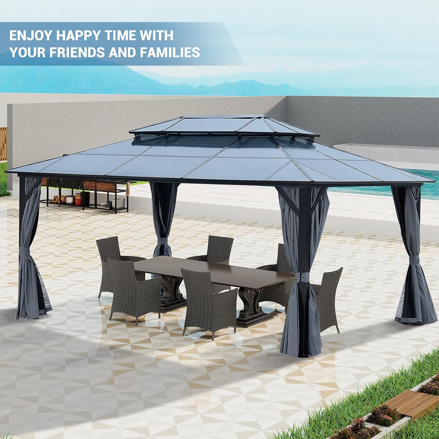 GOWE 12' x 16' Gazebo Polycarbonate Double Roof Canopy Outdoor Aluminum Frame Pergola, Permanent Pavilion with Netting and Curtains for Garden Patio Lawns Parties